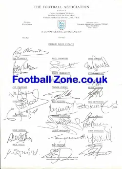 England Football Association Squad Signed Sheet 1978 - 1979