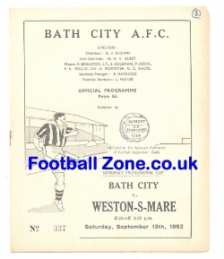 Bath City v Weston Super Mare 1952 – 1950s Programmes