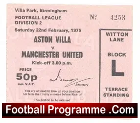 Aston Villa v Manchester United 1974 – Ticket Stub