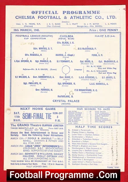 Chelsea v Crystal Palace 1945 – Wartime