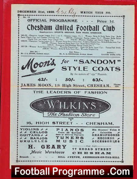 Chesham United v Great Western Railway 1929 – Rare Old Programme