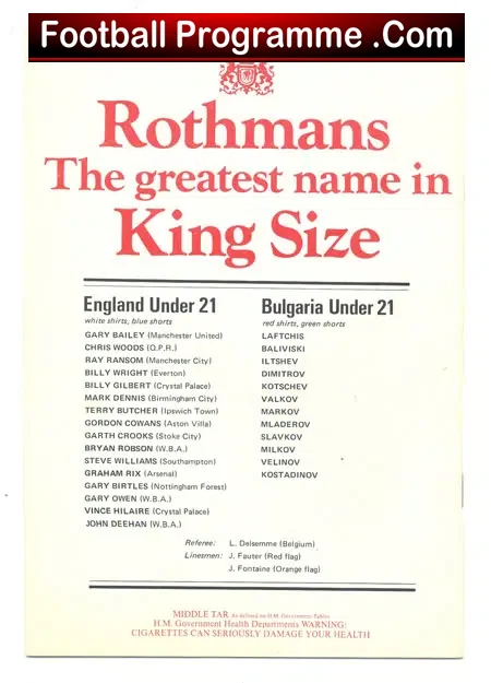 England v Bulgaria 1979 – U21 International + Bryan Robson