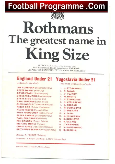 England v Yugoslavia 1978 – Under 21 International + Hoddle