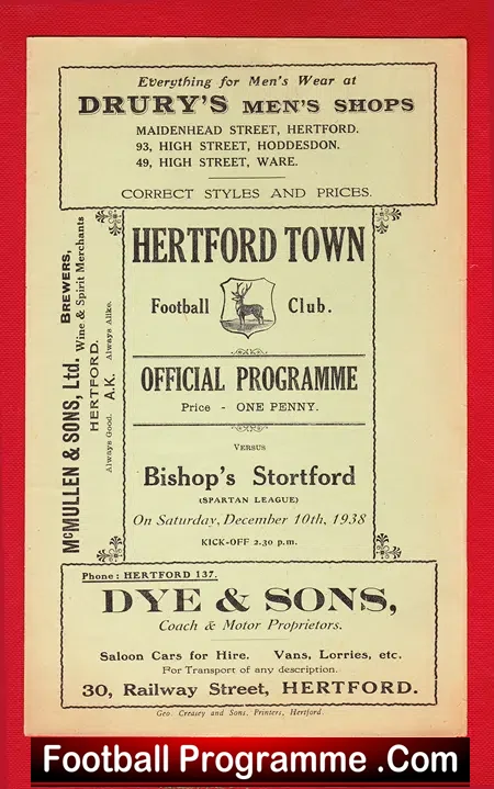 Hertford Town v Bishops Stortford 1938 – Rare 1930s Programme