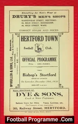 Hertford Town v Bishops Stortford 1938 – Rare 1930s Programme
