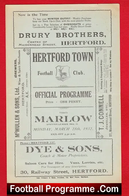 Hertford Town v Marlow 1932 – Rare 1930s Programme