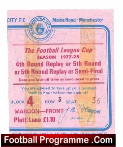 Manchester City v Arsenal 1978 – LC Semi Final Relpay Ticket