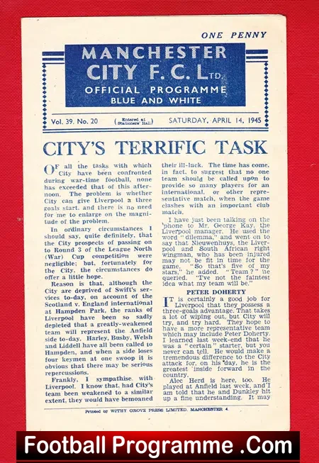 Manchester City v Liverpool 1945 – 1940s Programme