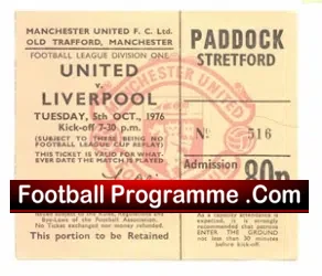 Manchester United v Liverpool 1976 – 1970s Football Ticket