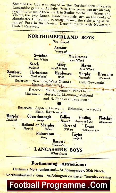 Northumberland Boys v Lancashire Boys 1950