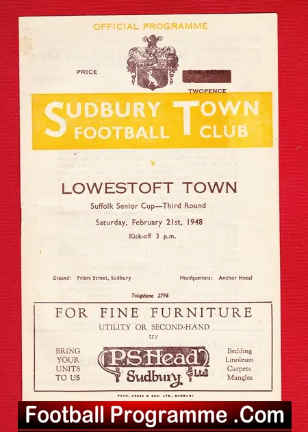 Sudbury Town v Lowestoft Town 1948 – 1940s Programme