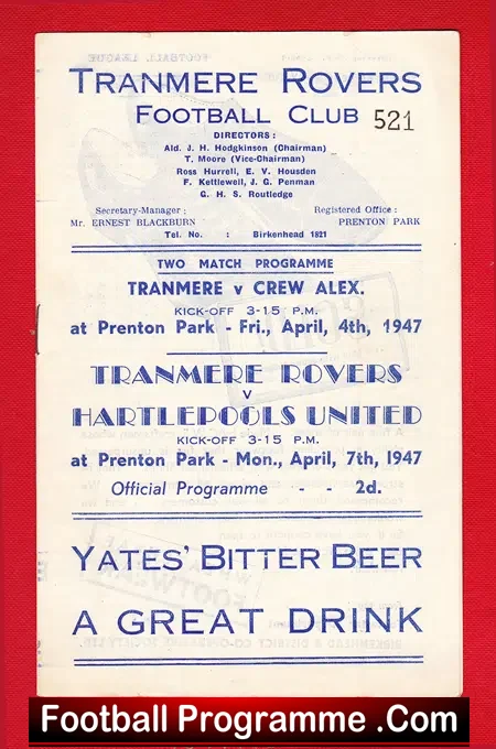 Tranmere Rovers v Crewe Alexandra 1947 – Reserves Match