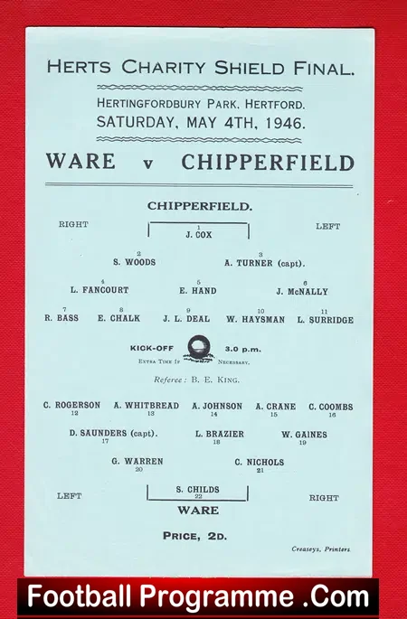 Ware v Chipperfield 1946 – Herts Charity Shield Final