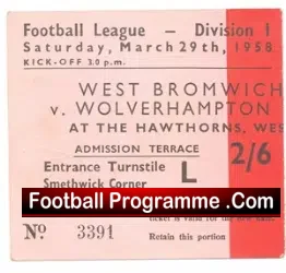 West Bromwich Albion v Wolves 1958 – Ticket CHAMPIONS
