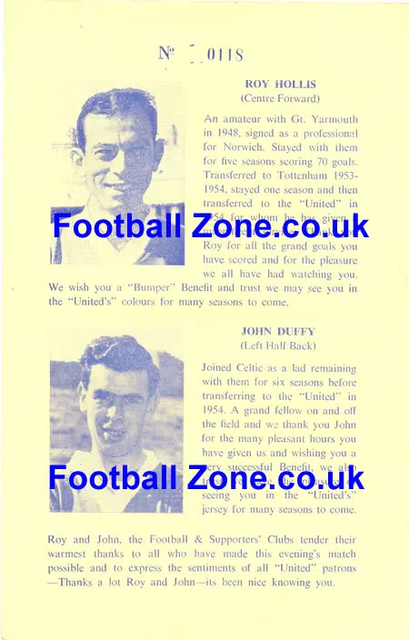 John Duffy + Roy Hollis Testimonial Benefit Notts County 1959