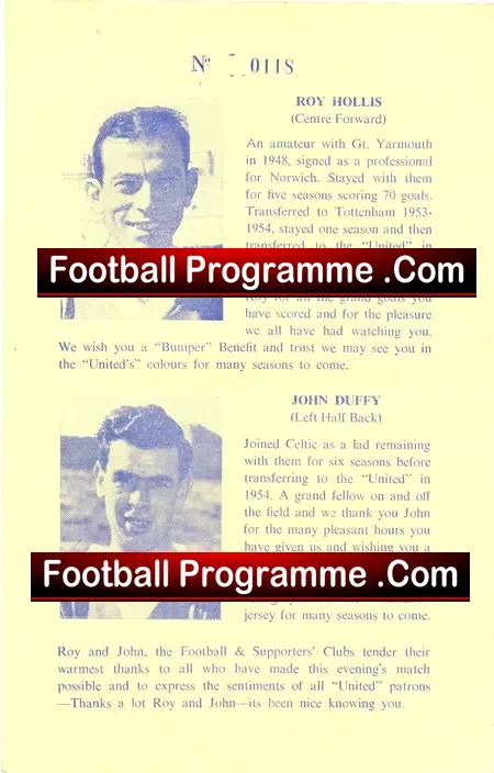 John Duffy + Roy Hollis Testimonial Benefit Notts County 1959