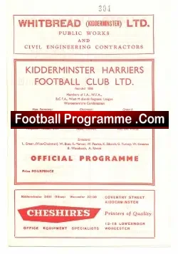 Kidderminster Harriers v Dudley Town 1964 - football programme