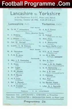 Lancashire Rugby v Yorkshire 1945 – Moor Lane – Kersal – Salford