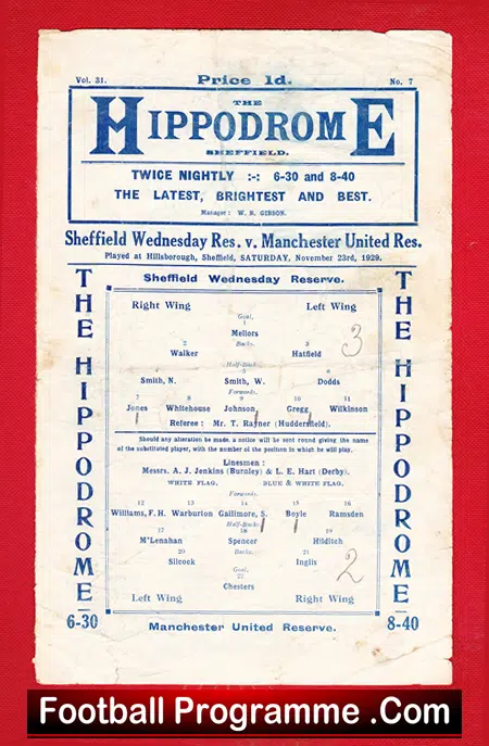 Sheffield Wednesday v Manchester United 1929 – Reserves GENUINE