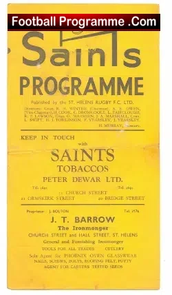 St Helens Rugby v Liverpool Stanley 1947 – 40’s Rugby Programme