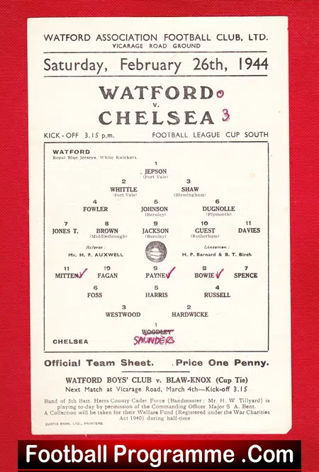 Watford v Chelsea 1944 – 1940s War Time Issue