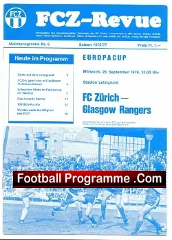 Zurich FC v Glasgow Rangers 1976 - Switzerland - Swiss - football programme