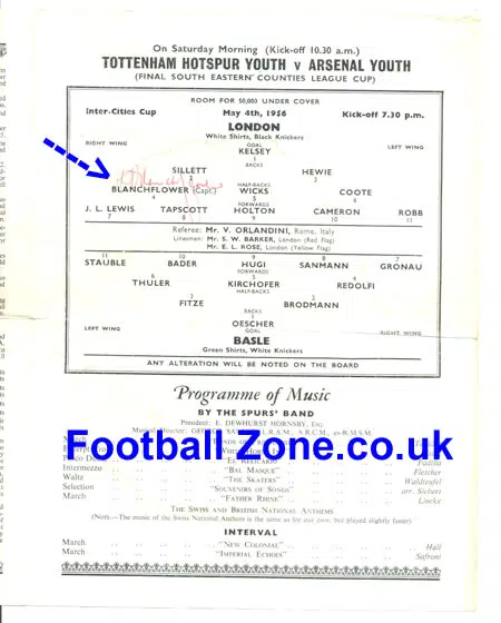 Tottenham Hotspur v Basle 1956  – Signed Danny Blanchflower