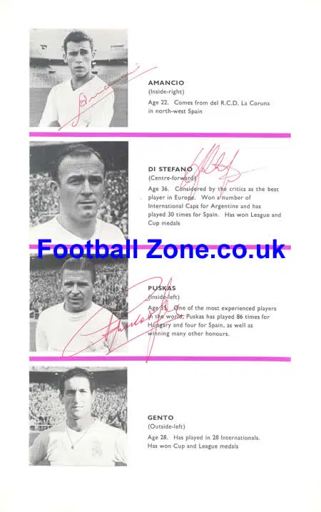 Stoke City v Real Madrid 1963 Autographs - Pushkas - Di Stefano