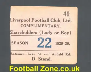 Liverpool Football Club Ticket Stub 1929 - 1930