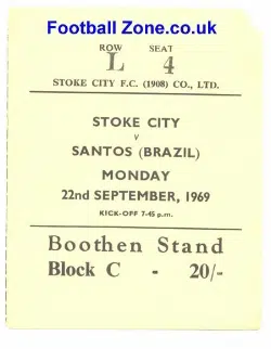 Stoke City v Santos 1969 - Football Ticket - Brazil - Pele
