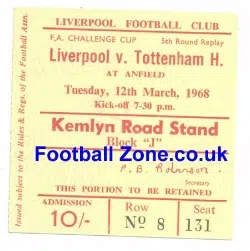 Liverpool v Tottenham 1968 - FA Cup Replay Football Ticket