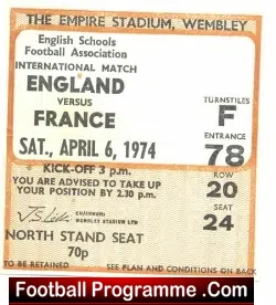 England v France 1974 - Schoolboys Football Ticket - football memorabilia