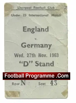 England v Germany 1963 – Under 23 Anfield Ticket U23