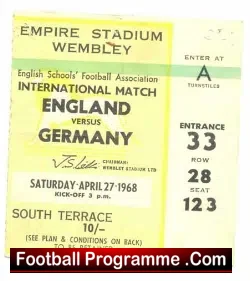 England v Germany 1968 – Schoolboys Football Ticket