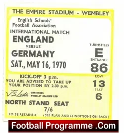 England v Germany 1970 - Schoolboys Football Ticket - football memorabilia