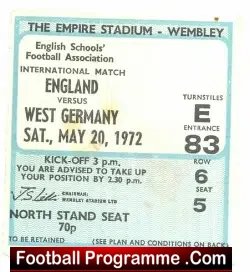 England v Germany 1972 - Schoolboys Football Ticket - football memorabilia