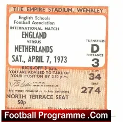 England v Holland 1973 – School Boys Football Ticket Stub