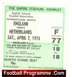 England v Holland 1973 - Schoolboys Football Ticket Stub - football memorabilia