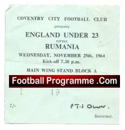England v Romania 1964 - U23 International Football Ticket - football memorabilia