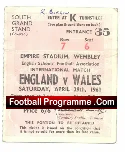 England v Wales 1961 - School Boys Ticket Stub - football memorabilia