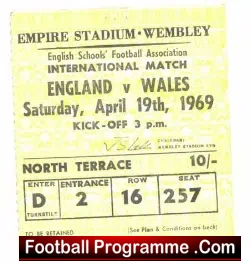 England v Wales 1969 – School Boys Football Ticket Stub