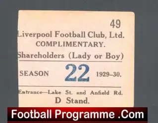 Liverpool Football Club Ticket Stub 1929 – 1930