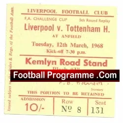Liverpool v Tottenham 1968 – FA Cup Replay Football Ticket