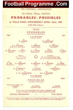 Probables v Possibles 1959 – Olympic Trials Match at Aston Villa