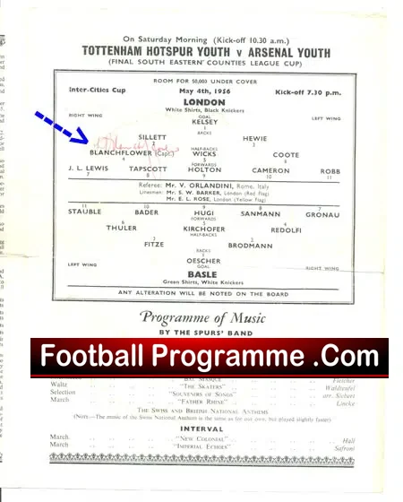 Tottenham Hotspur v Basle 1956  – Signed Danny Blanchflower