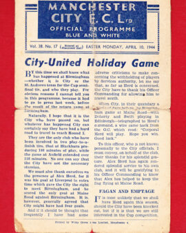 Manchester City v Manchester United 1944 – Old 1940s Programme