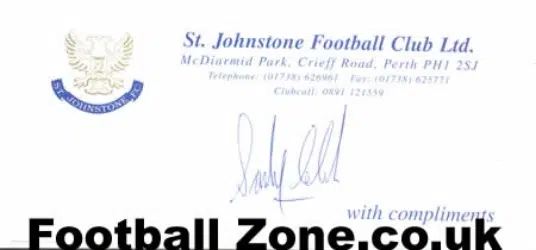St Johnstone Sandy Clarke Autographed Compliments Slip