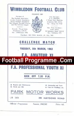 FA Amateur v FA Professional Youth 1963 – at Wimbledon