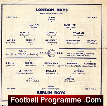 London Boys v Berlin Germany Boys 1956 – at Tottenham