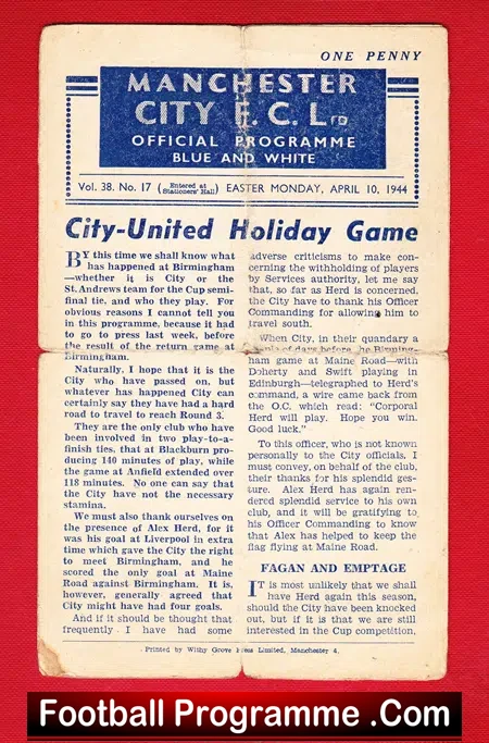 Manchester City v Manchester United 1944 – Old 1940s Programme